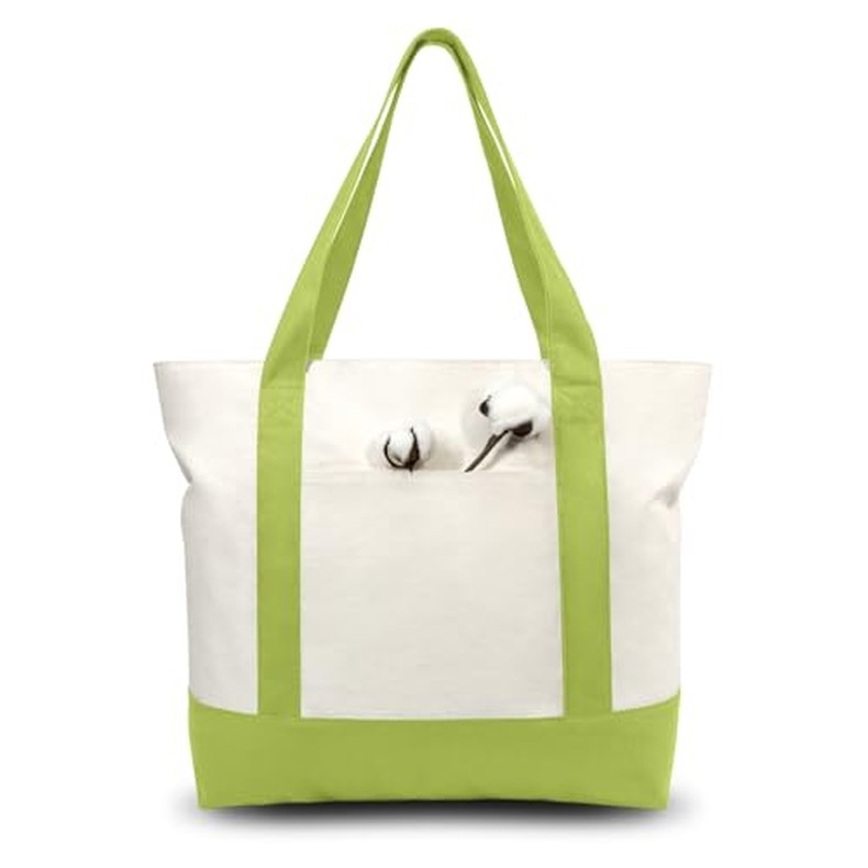 1-Pack Canvas Tote Bag with an External Pocket, Reusable Grocery Shopping Bag, Top Zipper
