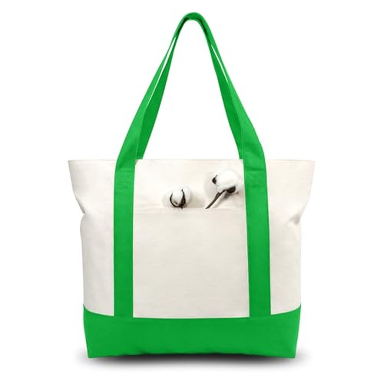 1-Pack Canvas Tote Bag with an External Pocket, Reusable Grocery Shopping Bag, Top Zipper