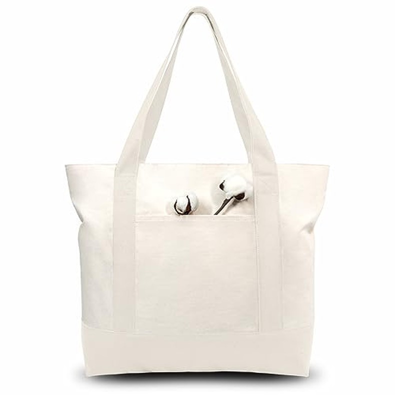 1-Pack Canvas Tote Bag with an External Pocket, Reusable Grocery Shopping Bag, Top Zipper