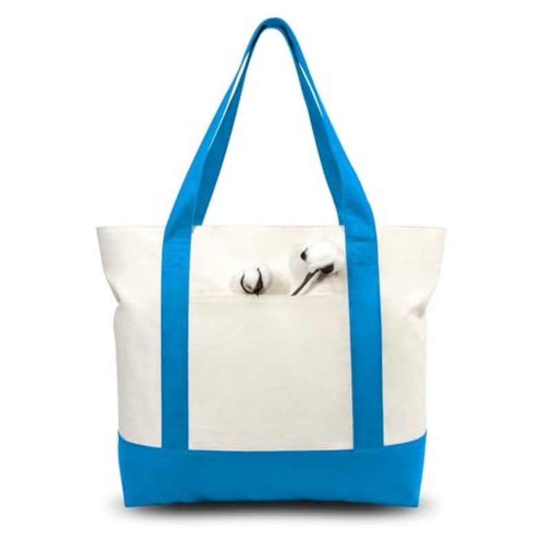 1-Pack Canvas Tote Bag with an External Pocket, Reusable Grocery Shopping Bag, Top Zipper