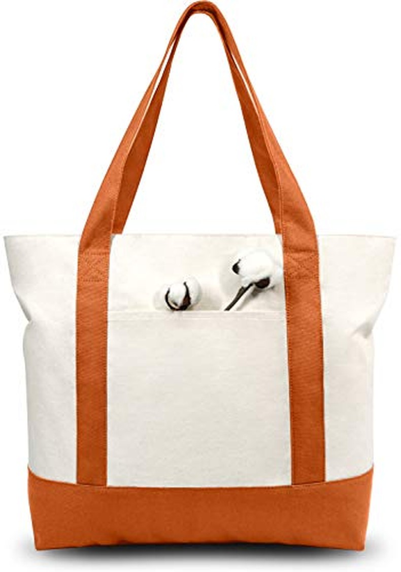 1-Pack Canvas Tote Bag with an External Pocket, Reusable Grocery Shopping Bag, Top Zipper
