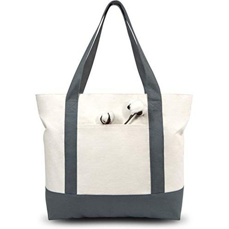 1-Pack Canvas Tote Bag with an External Pocket, Reusable Grocery Shopping Bag, Top Zipper (1)