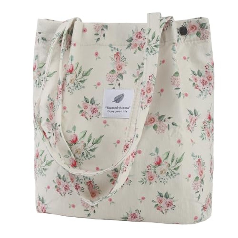 Corduroy Tote Bag, Work Shoulder Purse with Snap for Women detail
