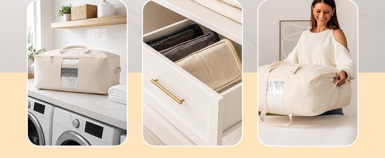 Soft Canvas Storage Bags with Zipp. Large 25x19x9in Bag for Sheets Blankets Bedding Pillows, Clothes detail