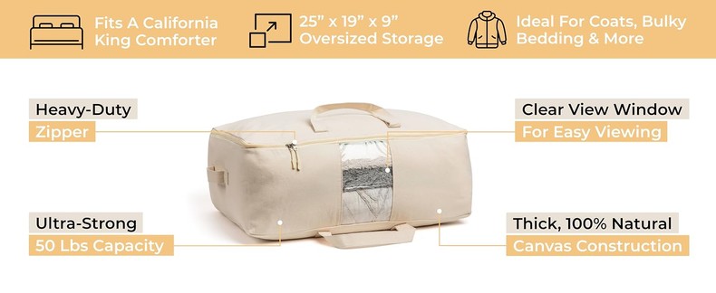 Soft Canvas Storage Bags with Zipp. Large 25x19x9in Bag for Sheets Blankets Bedding Pillows, Clothes detail