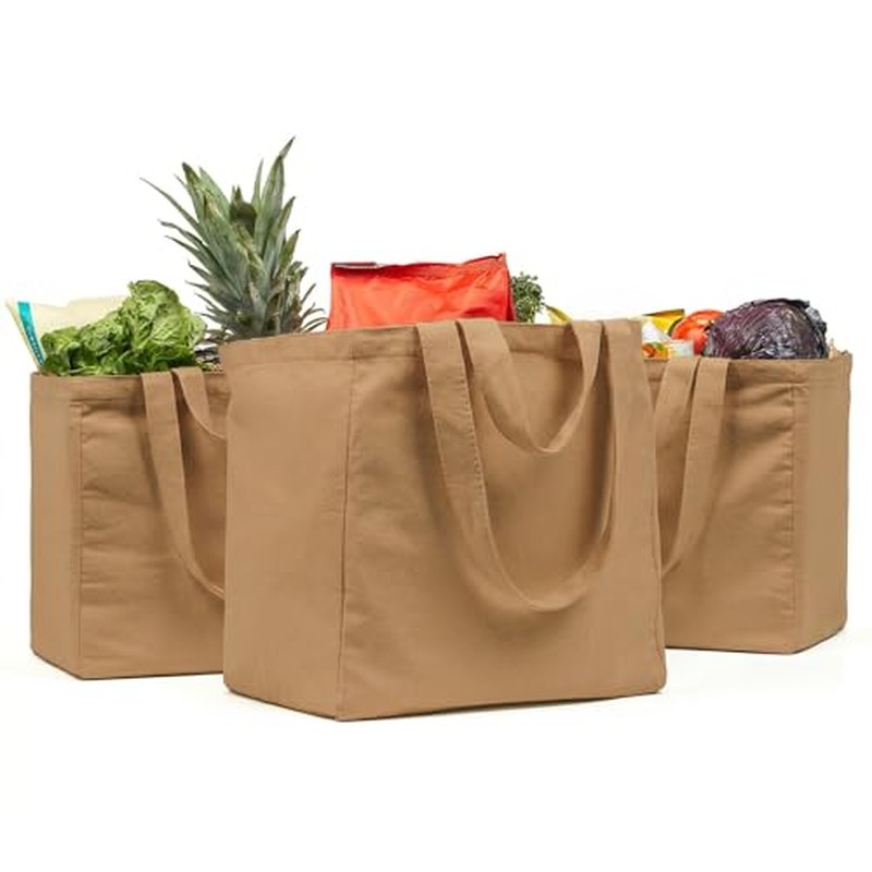 VeraMia Canvas Grocery Bag 3pc XL Set with Real Pockets, Long Should. Heavy Duty, Foldable, Washable