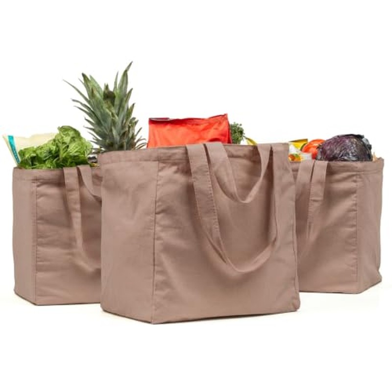 VeraMia Canvas Grocery Bag 3pc XL Set with Real Pockets, Long Should. Heavy Duty, Foldable, Washable