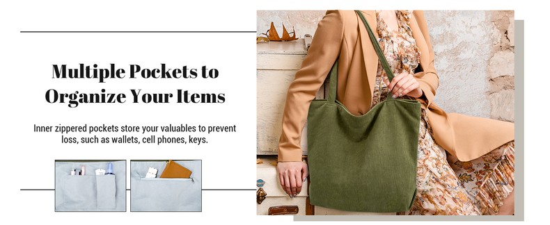Corduroy Tote Bag for Women,Hobo HandBags with Zipper