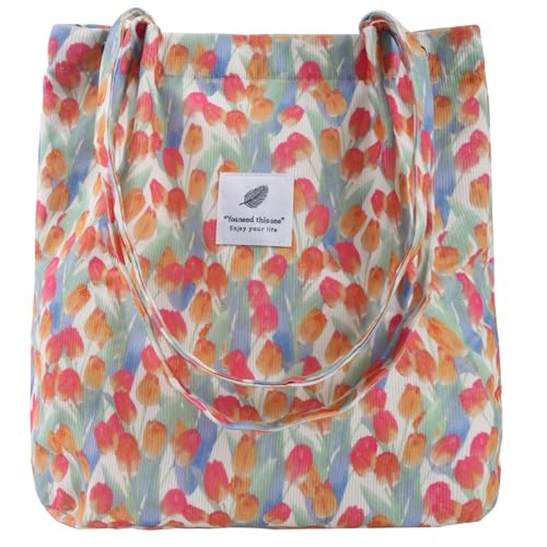 Corduroy Tote Bag, Work Shoulder Purse with Snap for Women